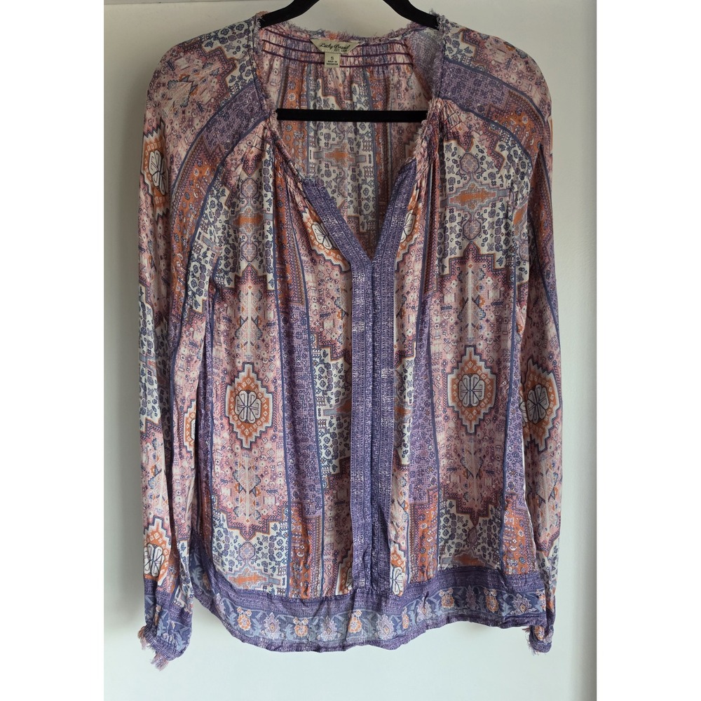 Lucky Brand Blouse Size S Boho Geometric Multicolor Long Sleeve Split Neck Top